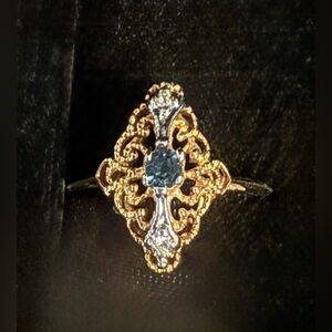 Vintage 18K Hard Gold Electroplate & Aquamarine Ring - Sz 7